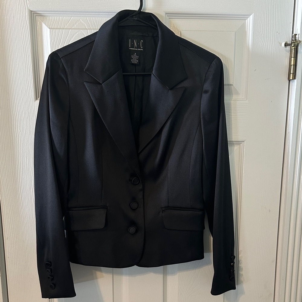 INC International Concepts Black Satin Trim Blazer Size 8